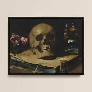 Vanitas Still Life with a Skull Atop Book - Guercino Framed Canvas, 16x12’’ / 41x31cm / Black Floating Frame, Life Painting Skull Book