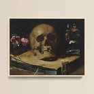 Vanitas Still Life with a Skull Atop Book - Guercino Framed Canvas, 16x12’’ / 41x31cm / Natural Floating Frame, Life Painting Skull Flowers