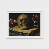 Vanitas Still Life with a Skull Atop Book - Guercino Art Print / Canvas Guercino’s Amber Chiaroscuro, Rests, Weathered Folio Prints