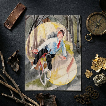 In Vaudeville the Bicycle Rider - Charles Demuth Art Print / Canvas Watercolor Painting Man Light Blue Shirt Red Tie, Distills, Single