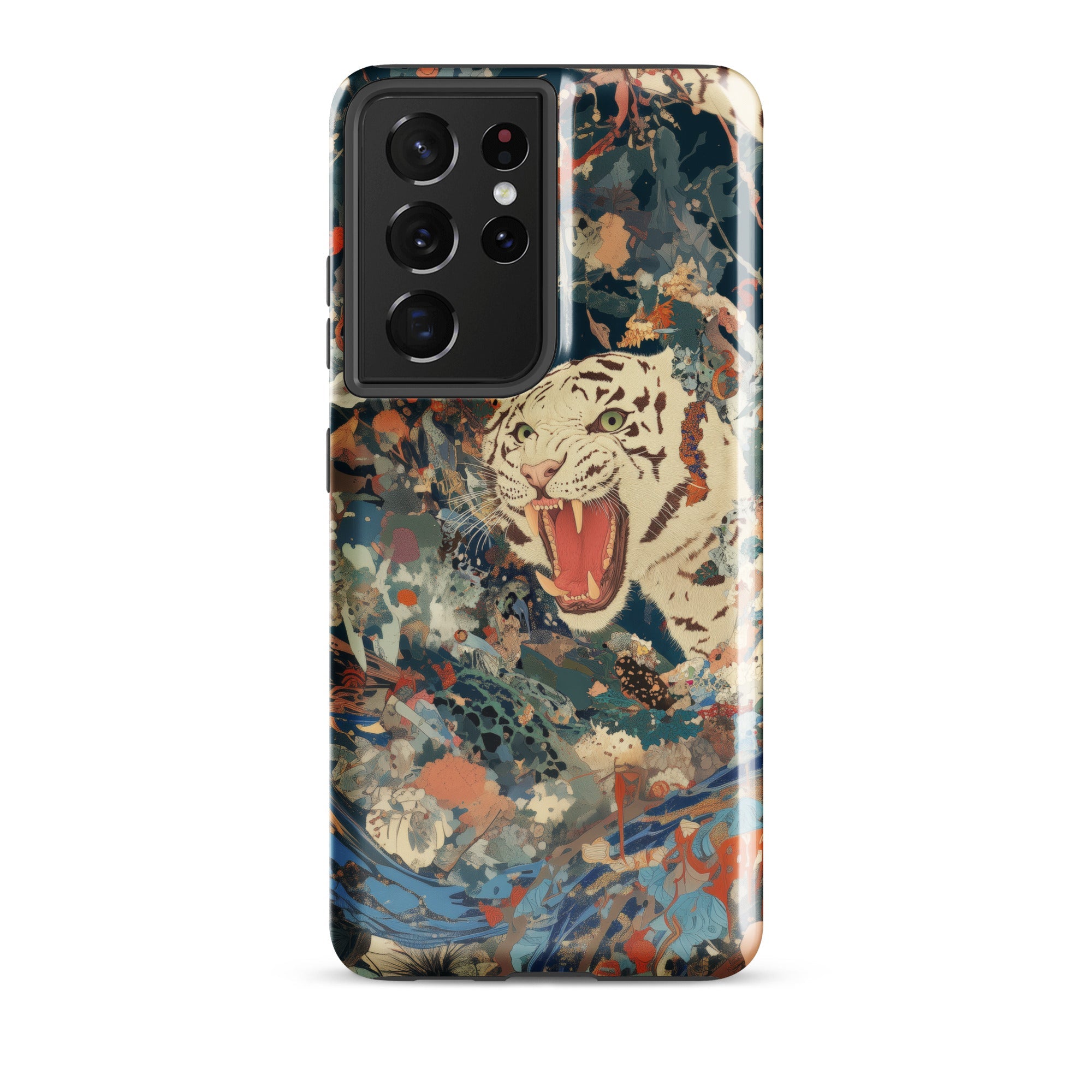 Velvet Rogue Surreal White Tiger Art Samsung Case, Galaxy S21 Ultra / Gloss, Phone Case White Tiger Design Amidst Abstract Brushstrokes