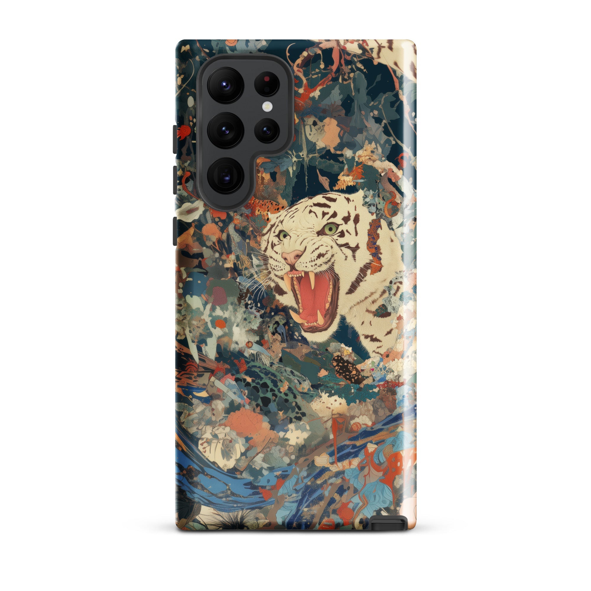 Velvet Rogue Surreal White Tiger Art Samsung Case, Galaxy S22 Ultra / Gloss, Phone Case White Tiger Design Amidst Abstract Floral