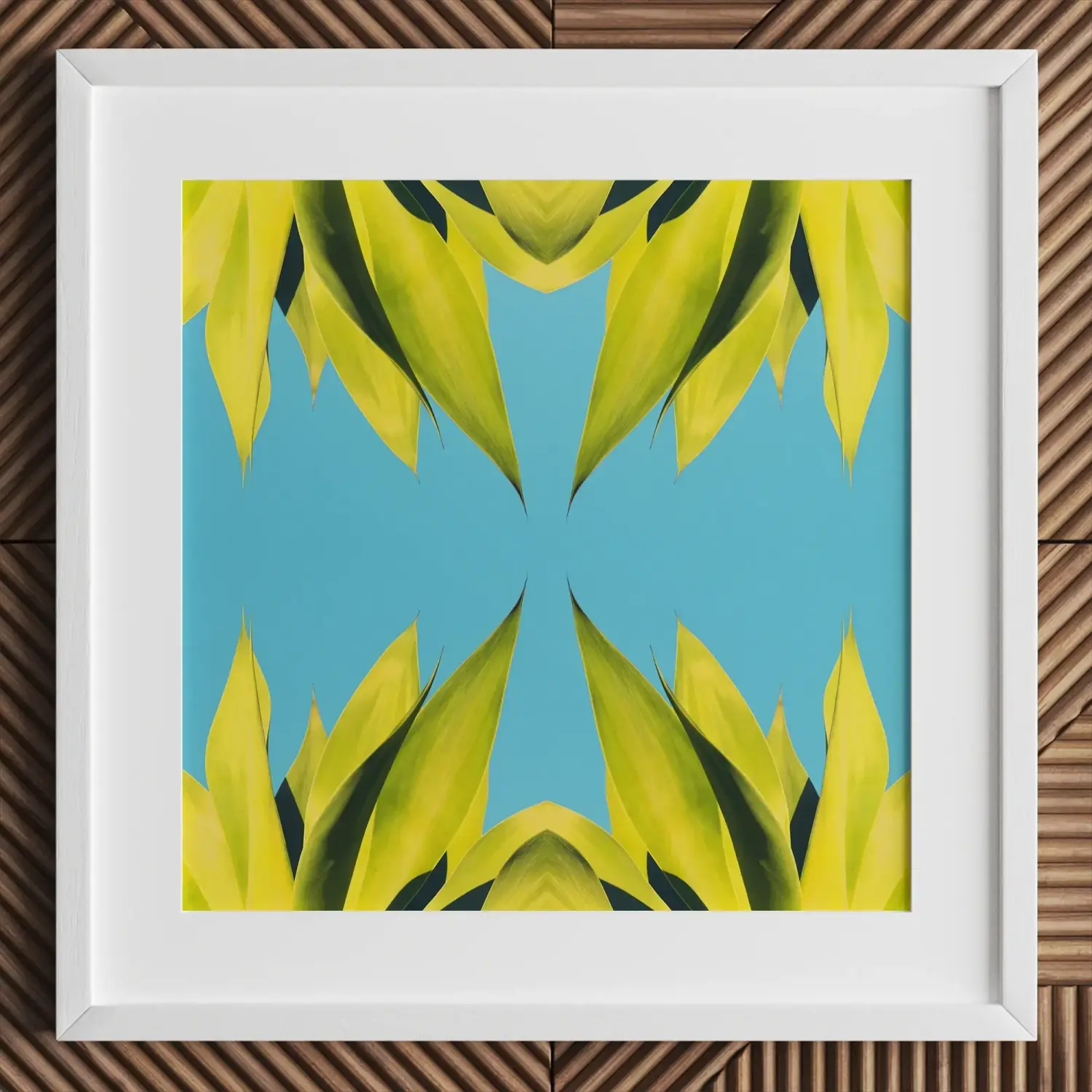 Framed botanical op art with lime-green leaves on blue