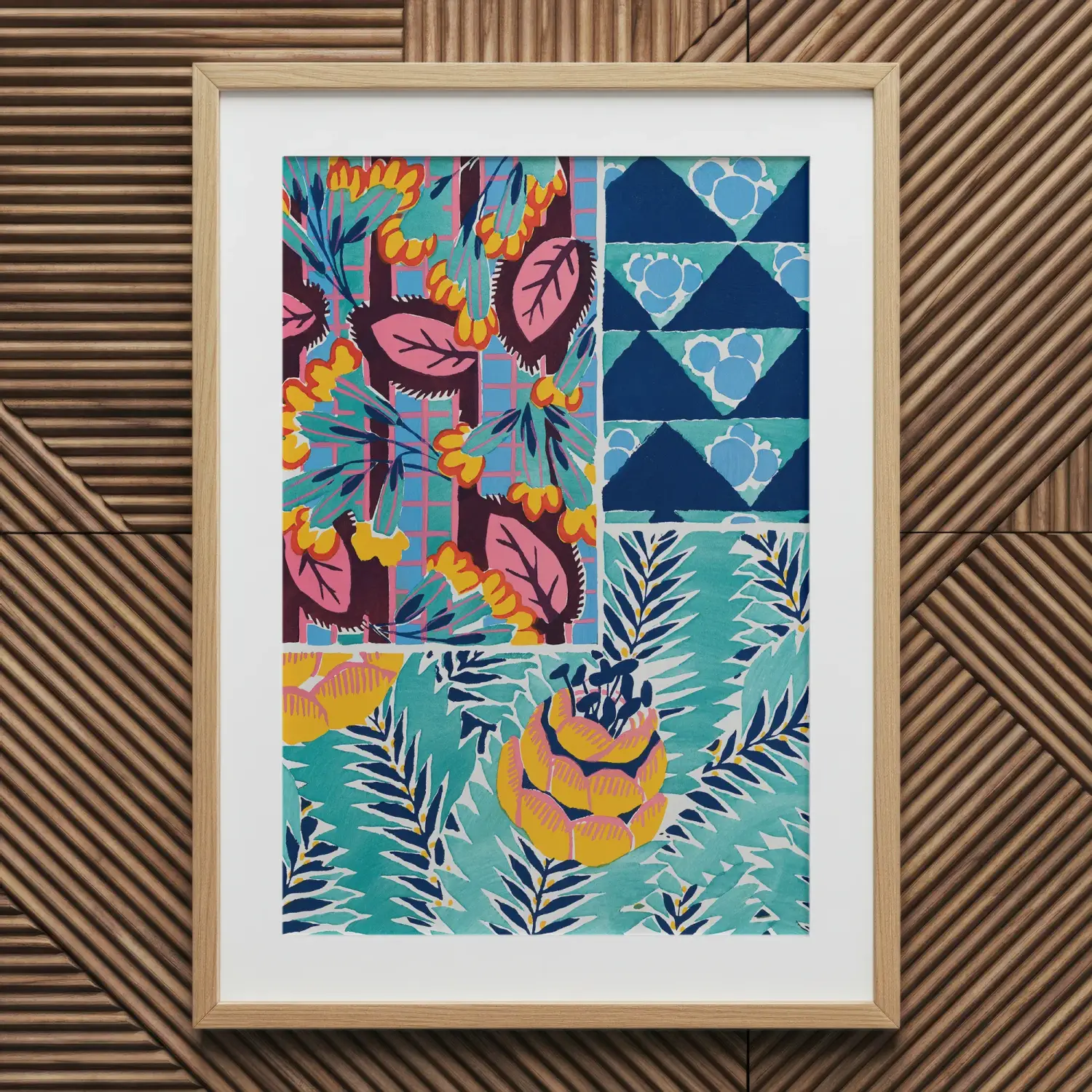 William Morris floral pattern textile art print in wood frame