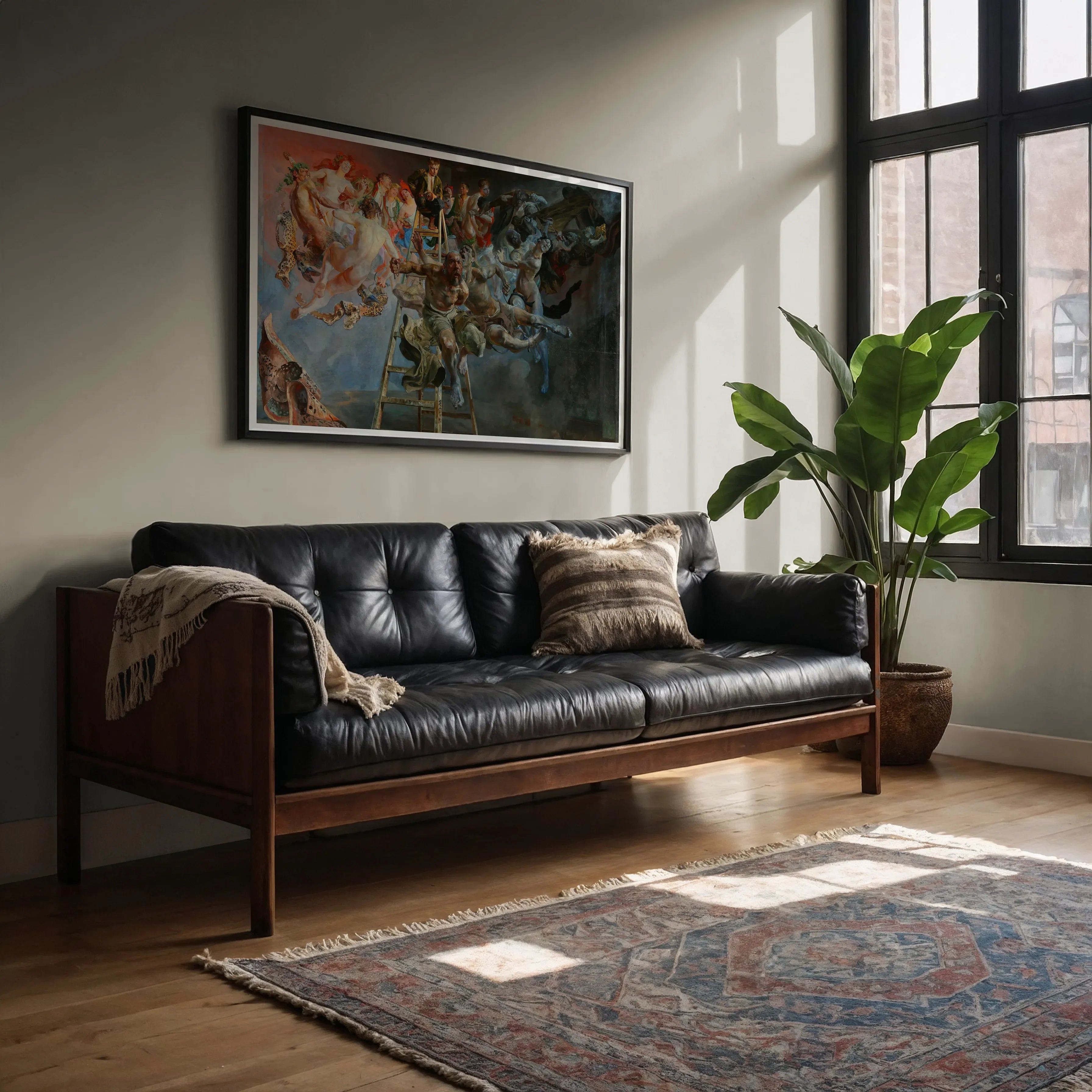 Vicious Circle - Jacek Malczewski Art Print, Tufted Black Leather Sofa Wooden Frame