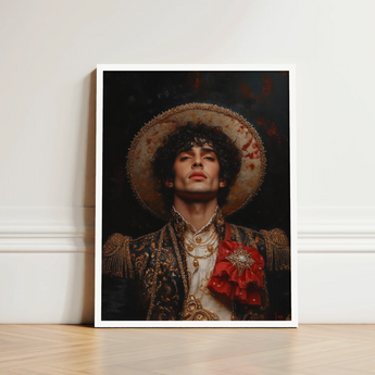 Framed Portrait Man Ornate Darkly Embroidered Attire Gold Gay Matador Art, Victor’s Electric Presence, Obliterates Hetero Bullfighting