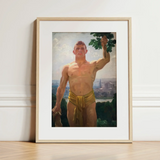 The Victor - Osmar Schindler Art Print / Canvas Framed Painting Muscular Man Golden Loincloth Green Leaves, Positions, High Ground,
