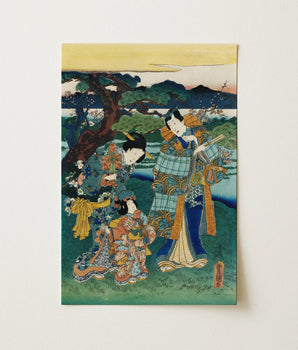 Traditional Japanese Woodblock Print Three Elegantly Dressed Women Plum Blossoms, Viewing, Art, Utagawa Kunisada’s