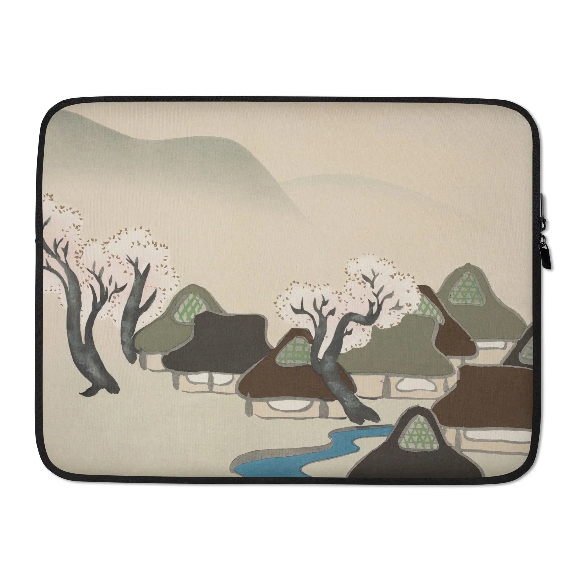 Village Cherry Blossoms - Kamisaka Sekka Laptop Sleeve, Laptop Sleeve Artistic Landscape Design Stylized Trees Mountains