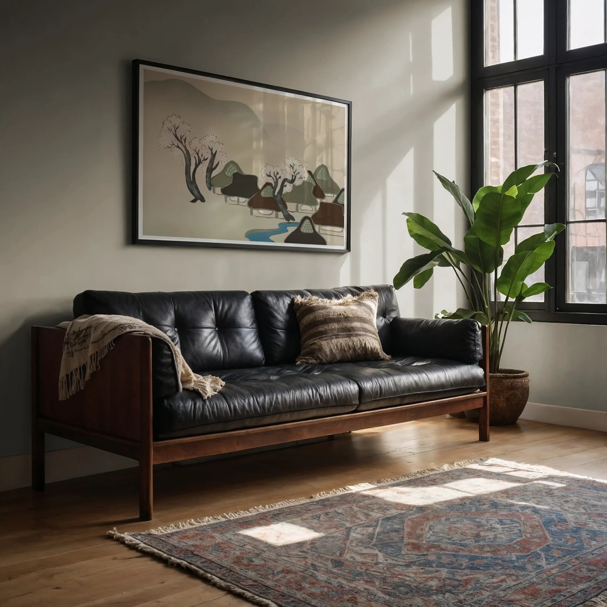 Village Cherry Blossoms - Kamisaka Sekka Meiji Art Print, Black Leather Wood-framed Sofa Tufted