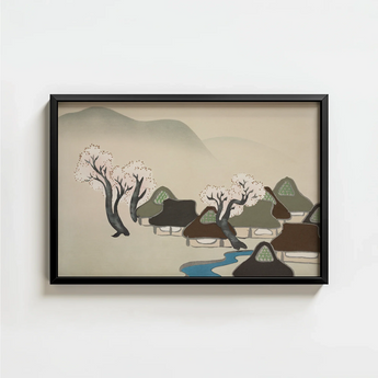 Black-framed Artwork Serene Village Scene Thatched Roofs Trees Kamisaka Sekka, Mesmerizing Meiji-era Art, Japanese Hamlet