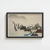 Black-framed Artwork Serene Village Scene Thatched Roofs Trees Kamisaka Sekka, Mesmerizing Meiji-era Art, Japanese Hamlet