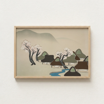 Minimalist Wooden-framed Artwork Serene Village Scene Thatched Roofs Kamisaka Sekka, Mesmerizing Meiji-era Art, Japanese Hamlet