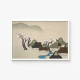 Framed Minimalist Landscape Print Stylized Thatched-roof Houses Trees Kamisaka Sekka, Mesmerizing Meiji-era Art, Serene Japanese Hamlet