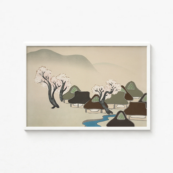 Framed Minimalist Landscape Print Stylized Thatched-roof Houses Trees Kamisaka Sekka, Mesmerizing Meiji-era Art, Serene Japanese Hamlet