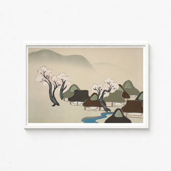 White-framed Artwork Serene Village Scene Thatched-roof Houses Trees Kamisaka Sekka, Mesmerizing Meiji-era Art, Japanese Hamlet
