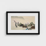 Village Cherry Blossoms - Kamisaka Sekka Meiji Art Print / Canvas Black-framed Artwork Serene Stylized Scene Trees Thatched, Mesmerizing