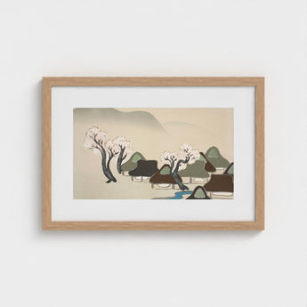 Village Cherry Blossoms - Kamisaka Sekka Meiji Art Print / Canvas Minimalist Wooden-framed Serene Scene Thatched, Mesmerizing Meiji-era,