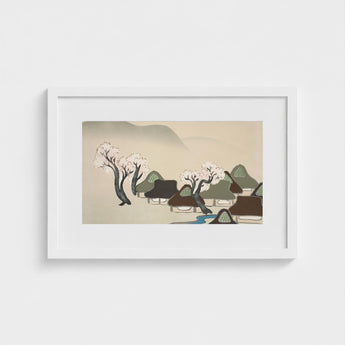 Village Cherry Blossoms - Kamisaka Sekka Meiji Art Print / Canvas White Framed Artwork Serene Scene Trees Thatched, Mesmerizing Meiji-era,
