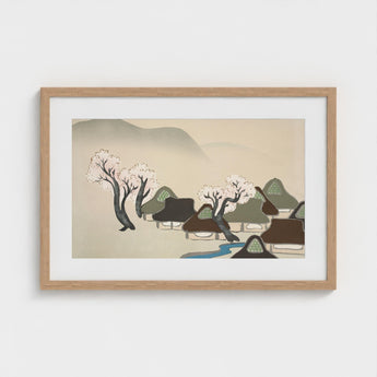 Village Cherry Blossoms - Kamisaka Sekka Meiji Art Print / Canvas Minimalist Wooden-framed Serene Scene Trees, Mesmerizing Meiji-era,