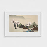 Village Cherry Blossoms - Kamisaka Sekka Meiji Art Print / Canvas Minimalist White-framed Artwork Serene Scene Stylized Trees, Mesmerizing