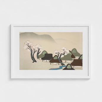 Village Cherry Blossoms - Kamisaka Sekka Meiji Art Print / Canvas Minimalist White-framed Artwork Serene Scene Stylized Trees, Mesmerizing