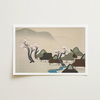 Village Cherry Blossoms - Kamisaka Sekka Meiji Art Print / Canvas Framed Serene Scene Thatched Roofs Trees, Mesmerizing Meiji-era, Japanese