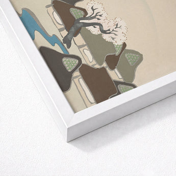 Village Cherry Blossoms - Kamisaka Sekka Meiji Art Print / Canvas White Framed Abstract Stylized Trees Rocks Muted, Mesmerizing Meiji-era,