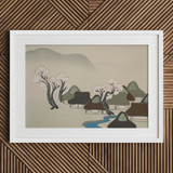 Village Cherry Blossoms - Kamisaka Sekka Meiji Art Print / Canvas White-framed Artwork Serene Village Scene Thatched Roofs Trees Kamisaka