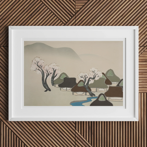 Village Cherry Blossoms - Kamisaka Sekka Meiji Art Print, Framed Artwork Minimalist Asian Village Scene Mountains Trees