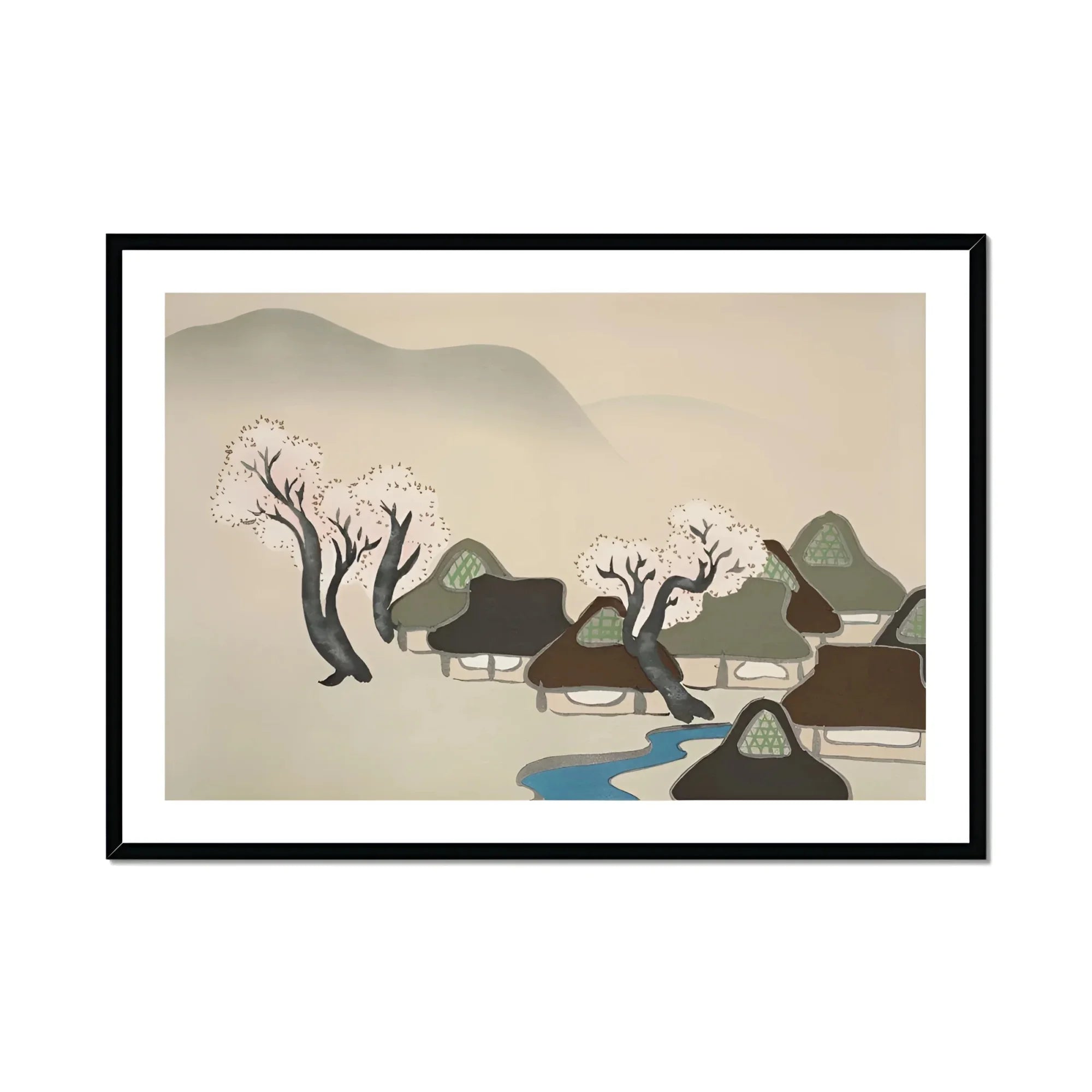 Village Cherry Blossoms - Kamisaka Sekka Meiji Art Print, Framed Japanese-style Landscape Artwork Traditional Houses Cherry Blossoms
