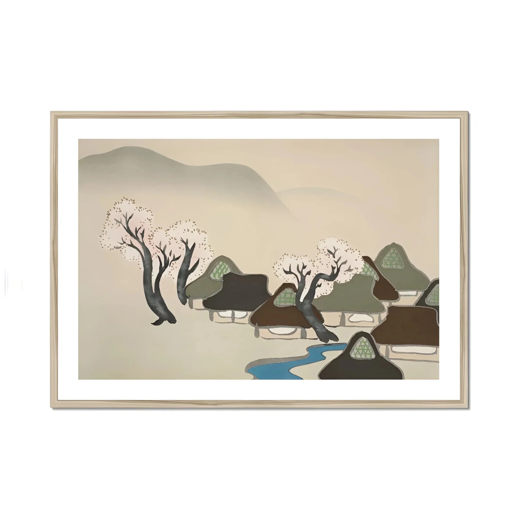 Village Cherry Blossoms - Kamisaka Sekka Meiji Art Print, Framed Japanese-style Landscape Artwork Houses Cherry Blossoms Stream