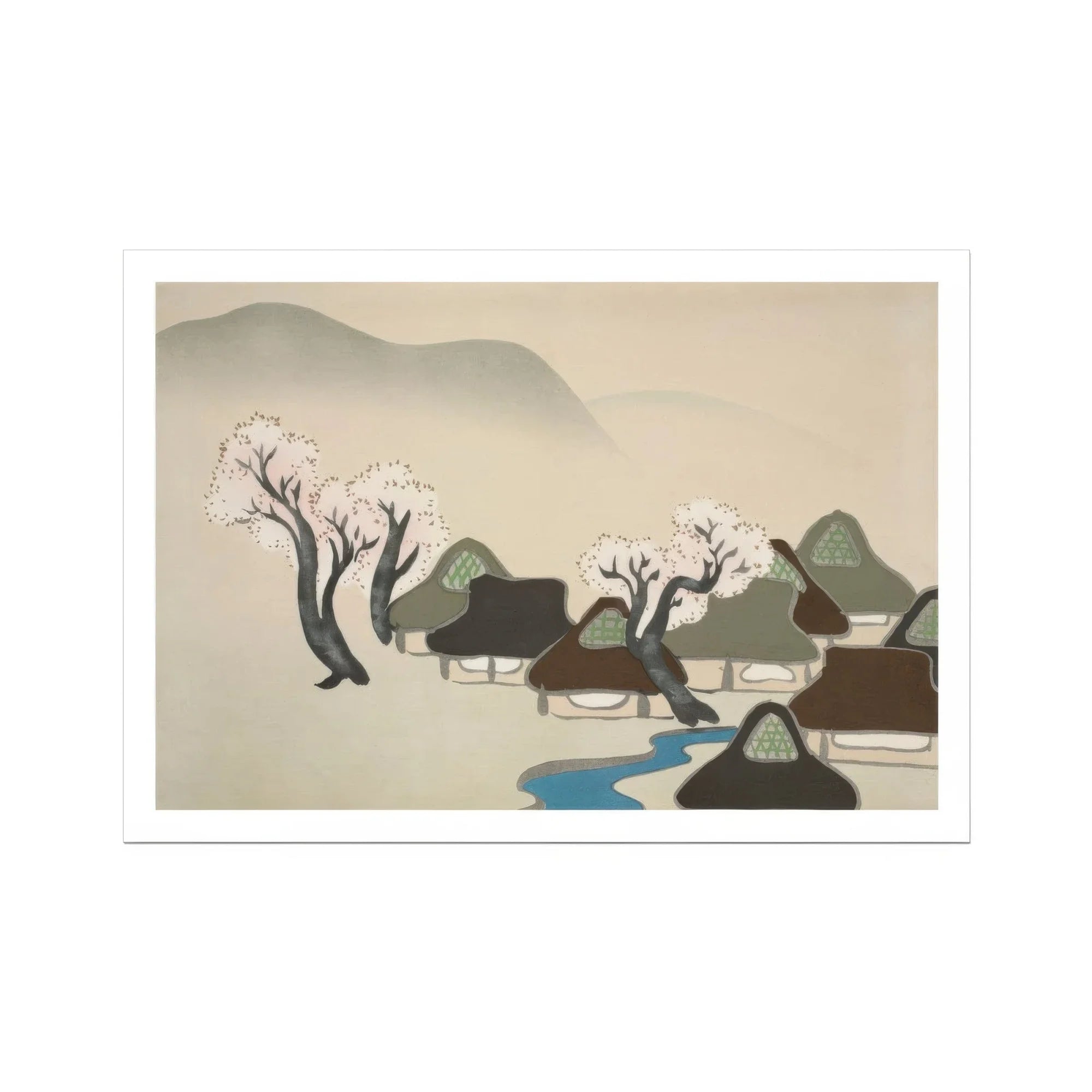 Village Cherry Blossoms - Kamisaka Sekka Meiji Art Print, Minimalist Japanese Landscape Painting Traditional Houses Stream Cherry
