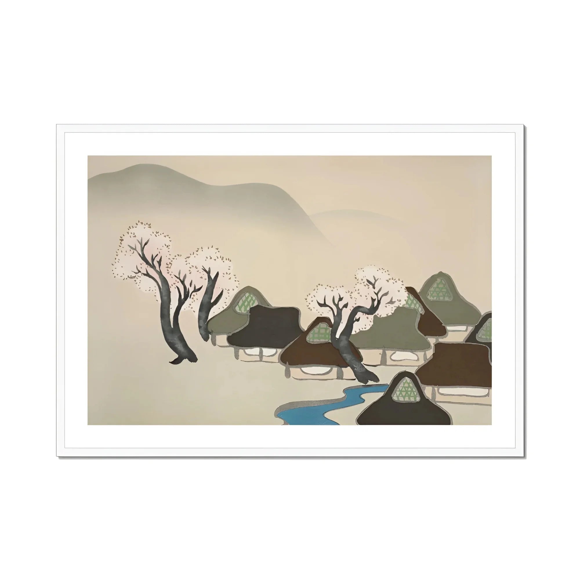 Village Cherry Blossoms - Kamisaka Sekka Meiji Art Print, Traditional Japanese Landscape Painting Houses River Cherry Blossom