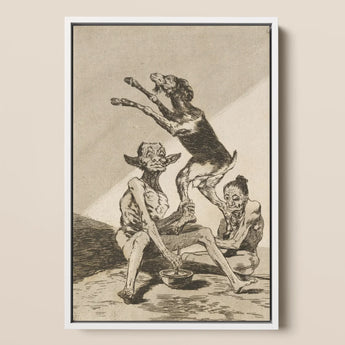 Wait ?Til You’ve been Anointed - Francisco De Goya Art Print / Canvas Framed Black-and-white Grotesque Figures Dog Enclosed Simple White Goya