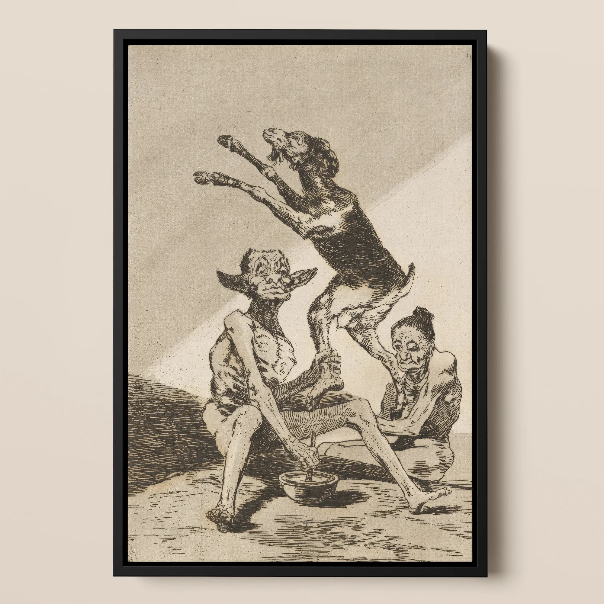 Wait ?Til You’ve been Anointed - Francisco De Goya Framed Canvas, 12x18’’ / 31x46cm / Black Floating Frame, Framed Art Print Satirical Goat T