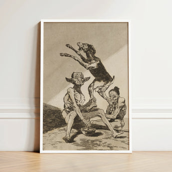Framed Black-and-white Surreal Scene Grotesque Figures Dog Enclosed Goya Art Print, Air Hums