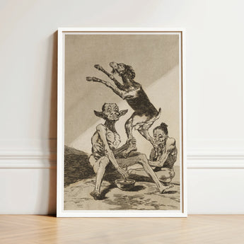 Framed Black-and-white Grotesque Figures Dog Enclosed Simple White Goya Art Print, Air Hums