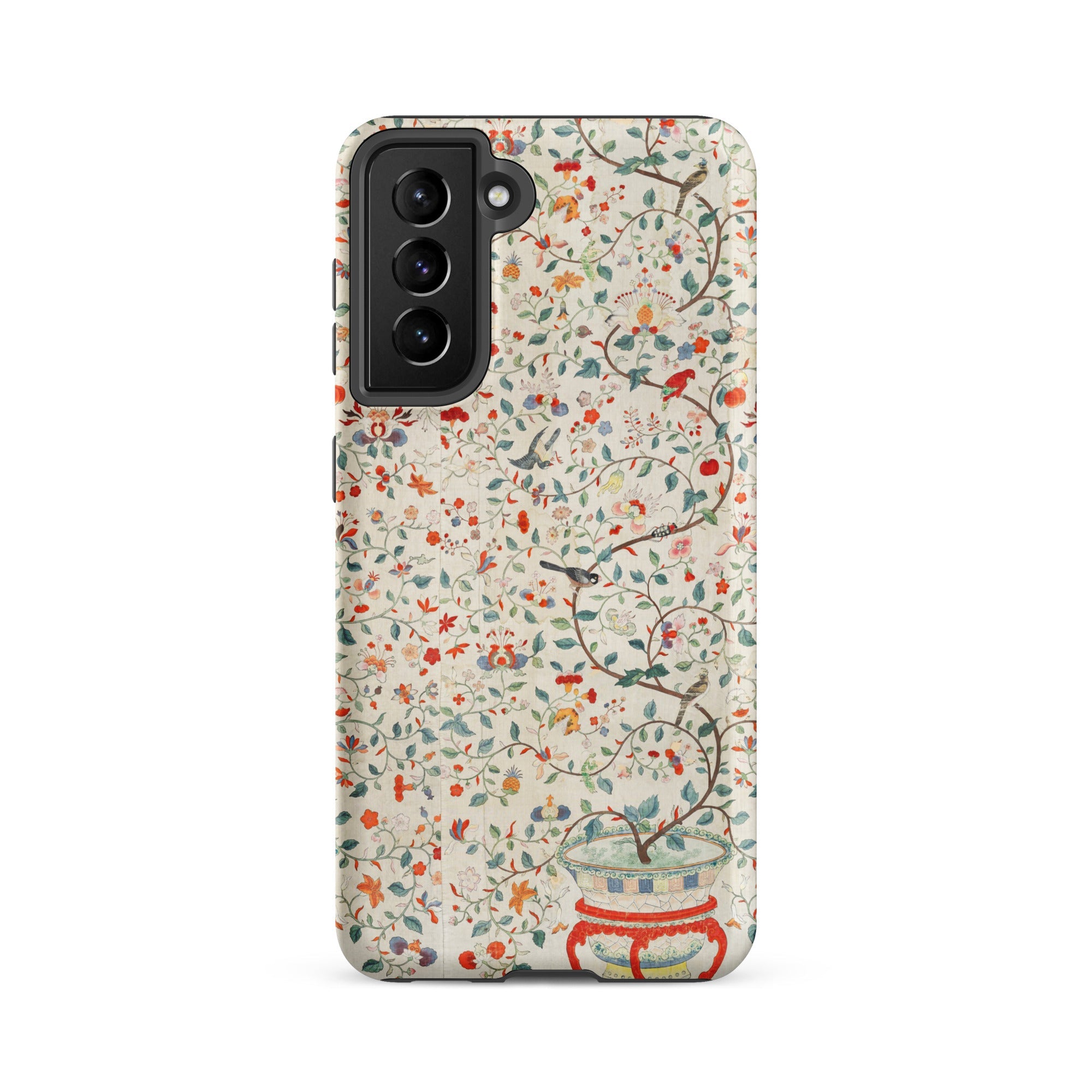 Wall Panel with Garden Urn Painted Silk Samsung Case, Galaxy S21 Fe / Matte, White Smartphone Case Colorful Floral Bird Pattern
