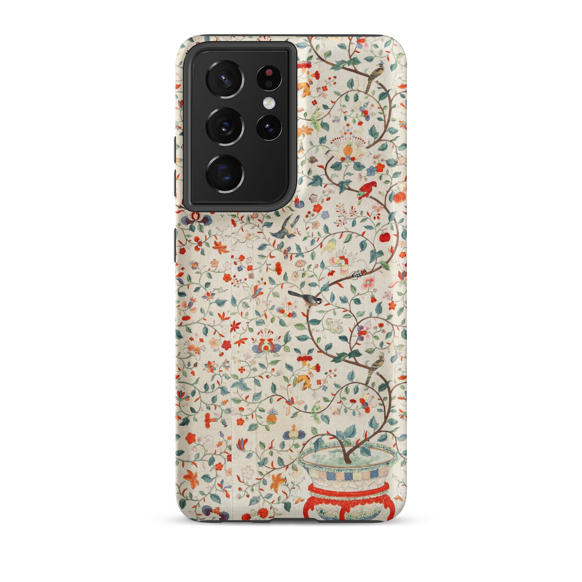 Wall Panel with Garden Urn Painted Silk Samsung Case, Galaxy S21 Ultra / Matte, Phone Case Floral Bird Pattern Plant Decorative Pot