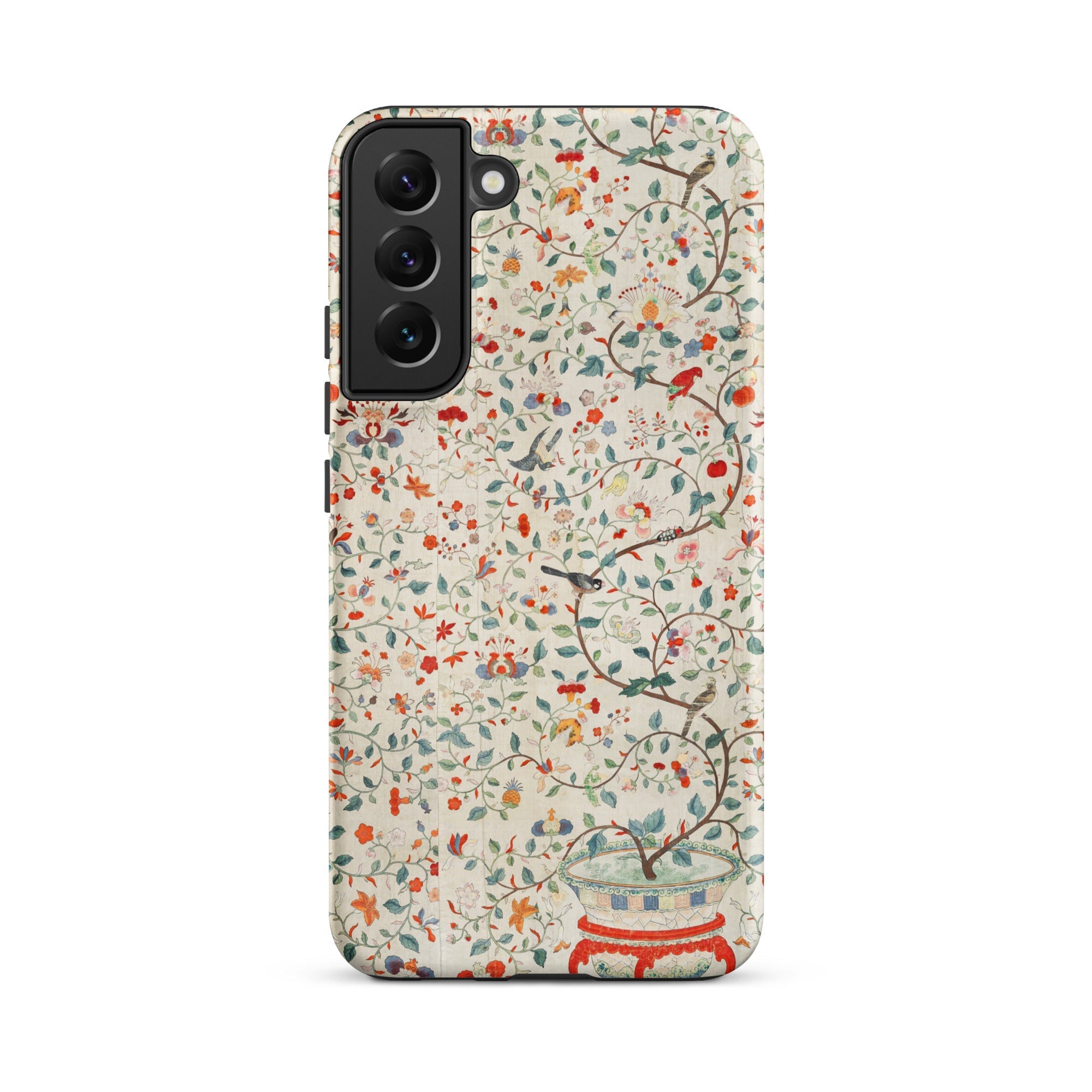 Wall Panel with Garden Urn Painted Silk Samsung Case, Galaxy S22 Plus / Matte, Smartphone Case Colorful Floral Bird Pattern