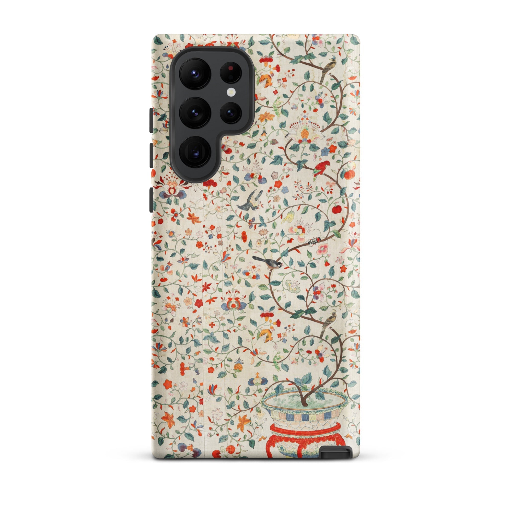 Wall Panel with Garden Urn Painted Silk Samsung Case, Galaxy S22 Ultra / Matte, White Smartphone Case Colorful Floral Bird Pattern