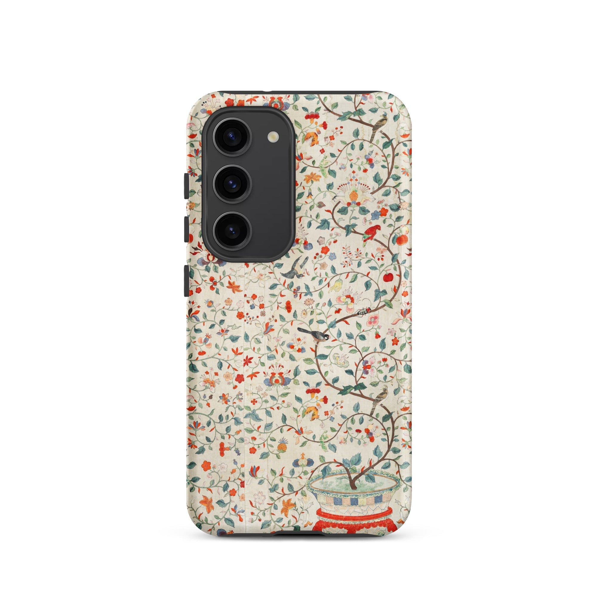 Wall Panel with Garden Urn Painted Silk Samsung Case, Galaxy S23 / Matte, Smartphone Case Whimsical Floral Bird Pattern