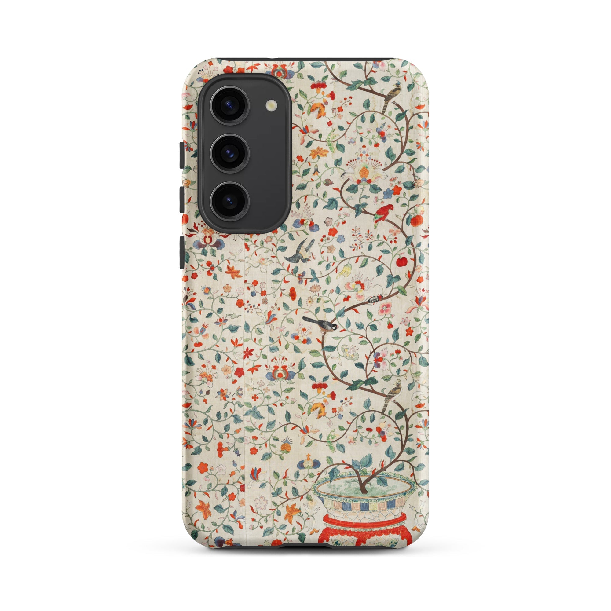 Wall Panel with Garden Urn Painted Silk Samsung Case, Galaxy S23 Plus / Matte, Phone Case Delicate Floral Bird Pattern Light Background