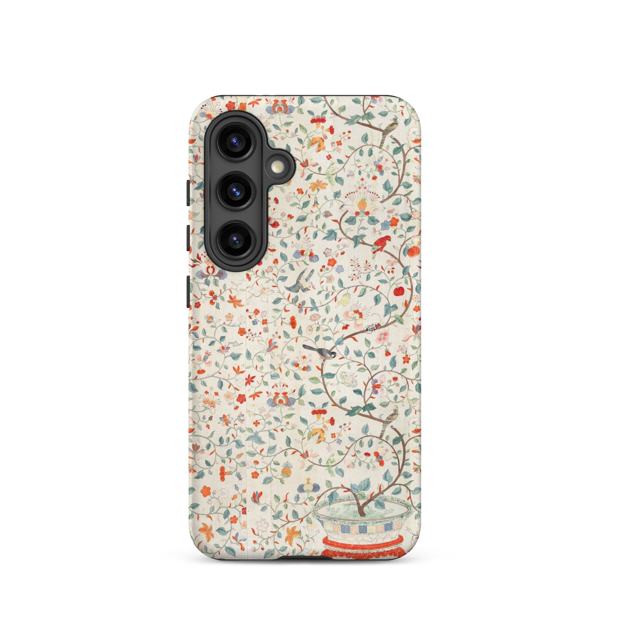 Wall Panel with Garden Urn Painted Silk Samsung Case, Galaxy S24 / Matte, White Phone Case Colorful Floral Bird Pattern