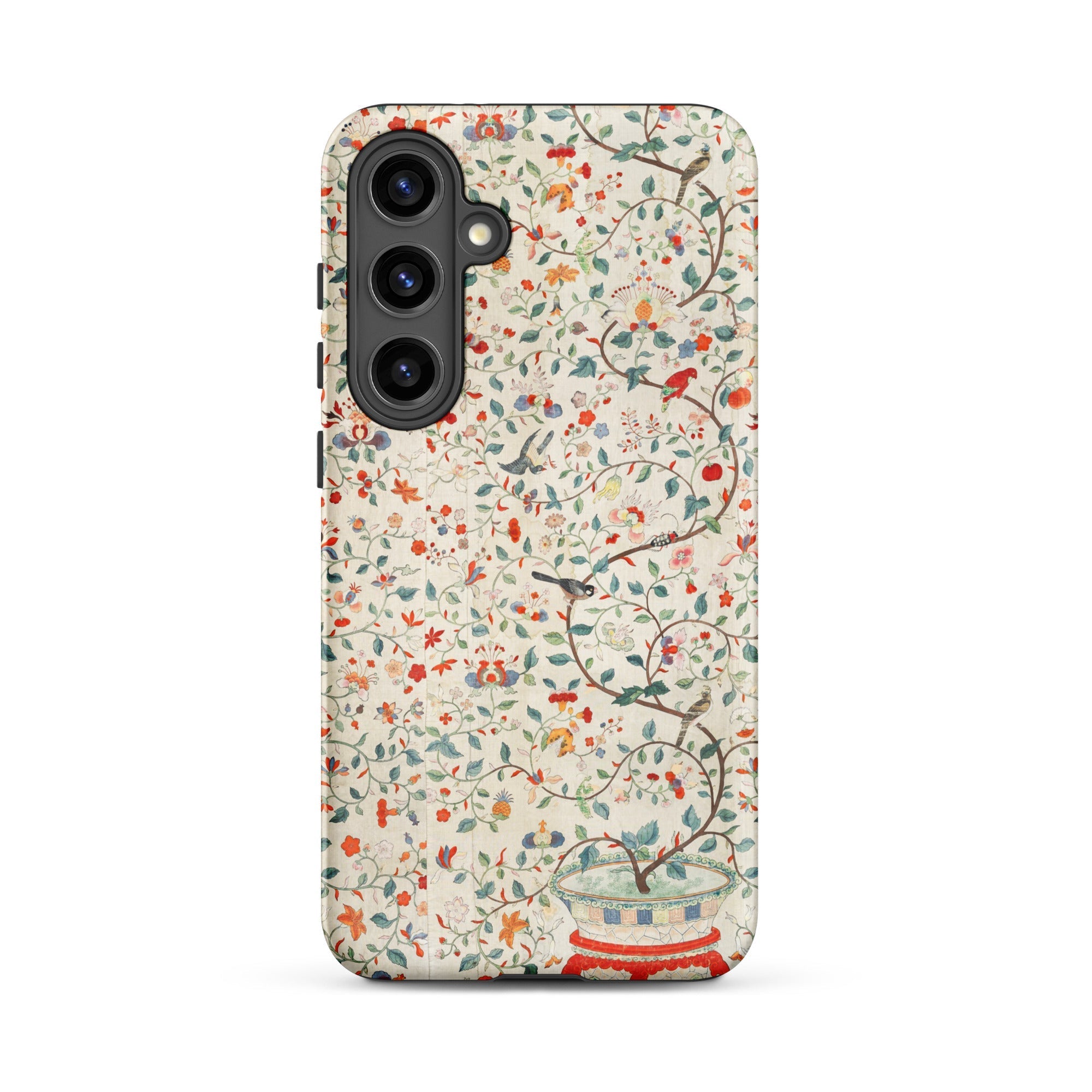 Wall Panel with Garden Urn Painted Silk Samsung Case, Galaxy S24 Plus / Matte, White Phone Case Colorful Floral Bird Pattern