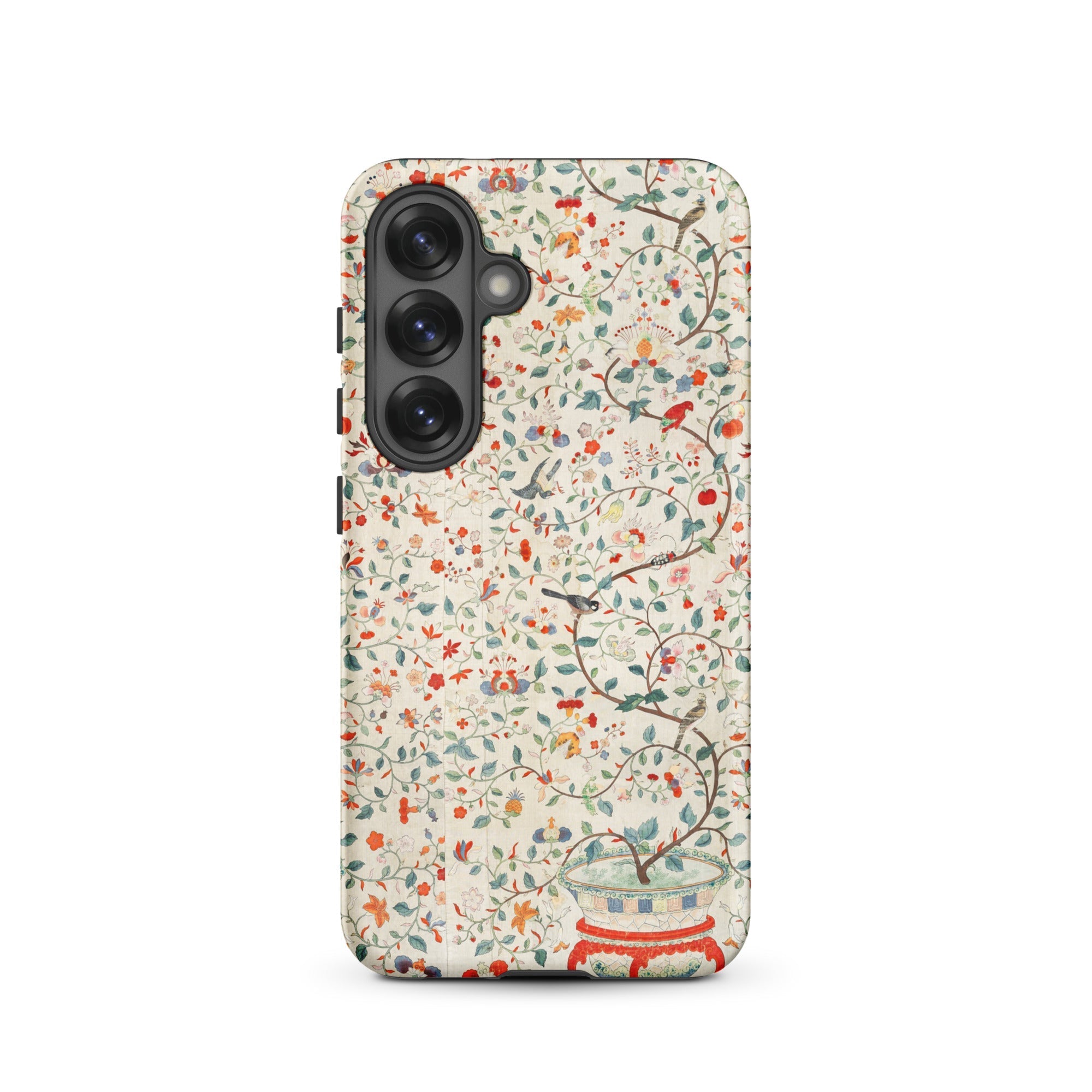 Wall Panel with Garden Urn Painted Silk Samsung Case, Galaxy S25 / Matte, White Smartphone Case Colorful Floral Bird Pattern