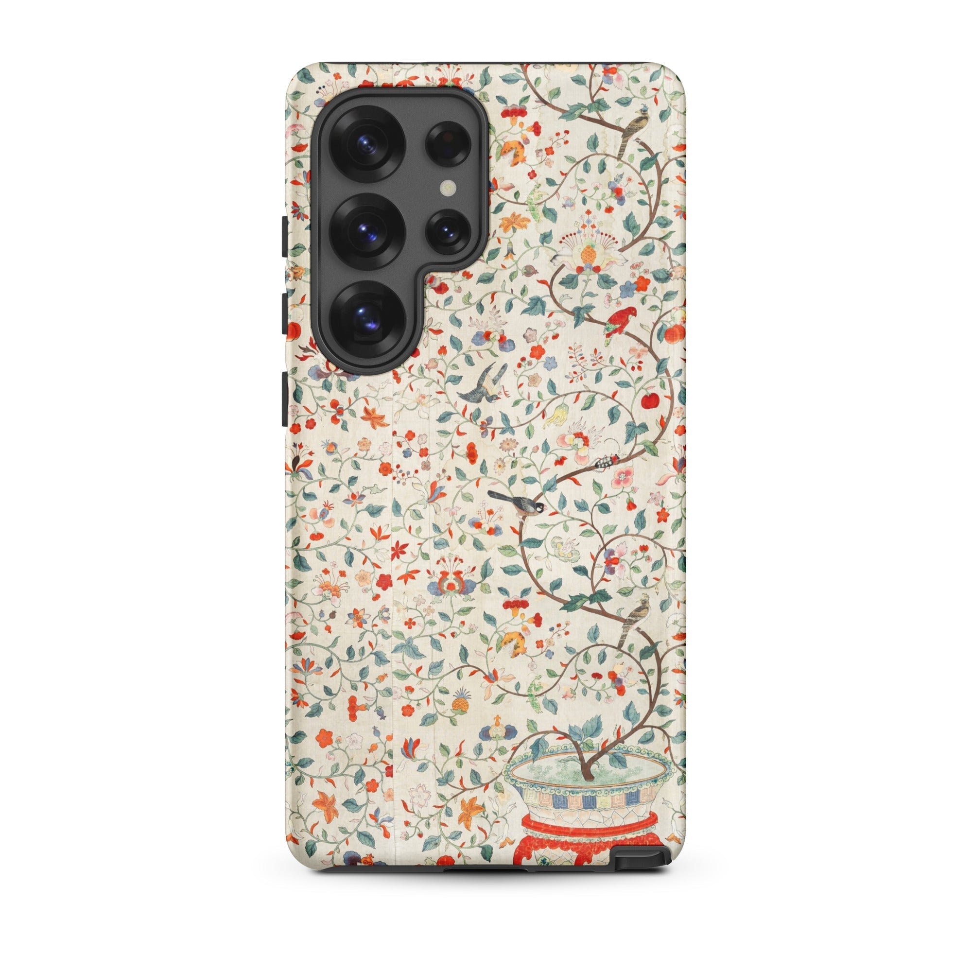 Wall Panel with Garden Urn Painted Silk Samsung Case, Galaxy S25 Ultra / Matte, Smartphone Case Adorned Vibrant Floral Bird Pattern