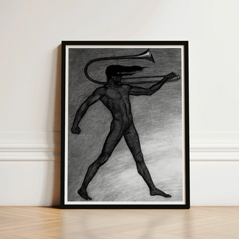War Cry - Sascha Schneider Art Print / Canvas Black-framed Charcoal Sketch Nude Figure Trombone, Male, Tears, Free, Herald’s War-trumpet