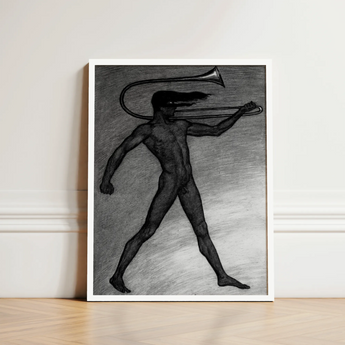 War Cry - Sascha Schneider Art Print / Canvas Framed Black-and-white Sketch Nude Figure Trombone Rendered Detailed, Male, Tears, Free,